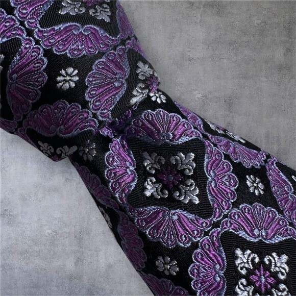IKE BEHAR Silk Tie Floral geometric 100% Silk Necktie Black/Purple - Picture 3 of 7